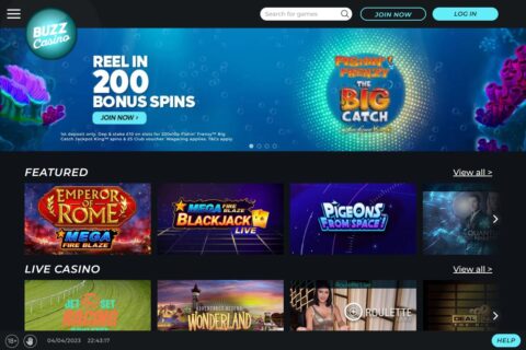 buzz casino home page screenshot 480x320